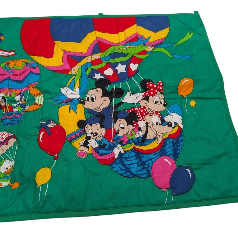 Vintage Disney Mickey Mouse & Friends Quilted Wall Hanging Hot Air Balloon Green